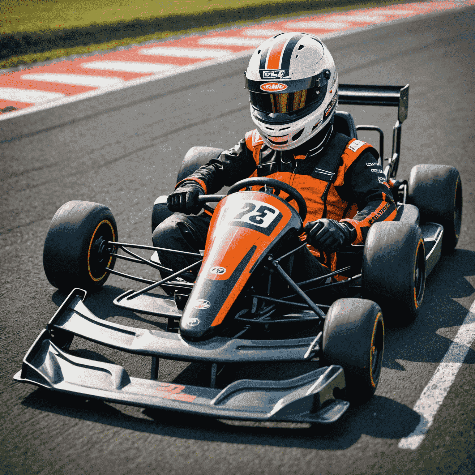 A go-kart on a racing track with safety equipment laid out nearby, including a helmet, gloves, and racing suit. The image represents the essentials for getting started in karting.