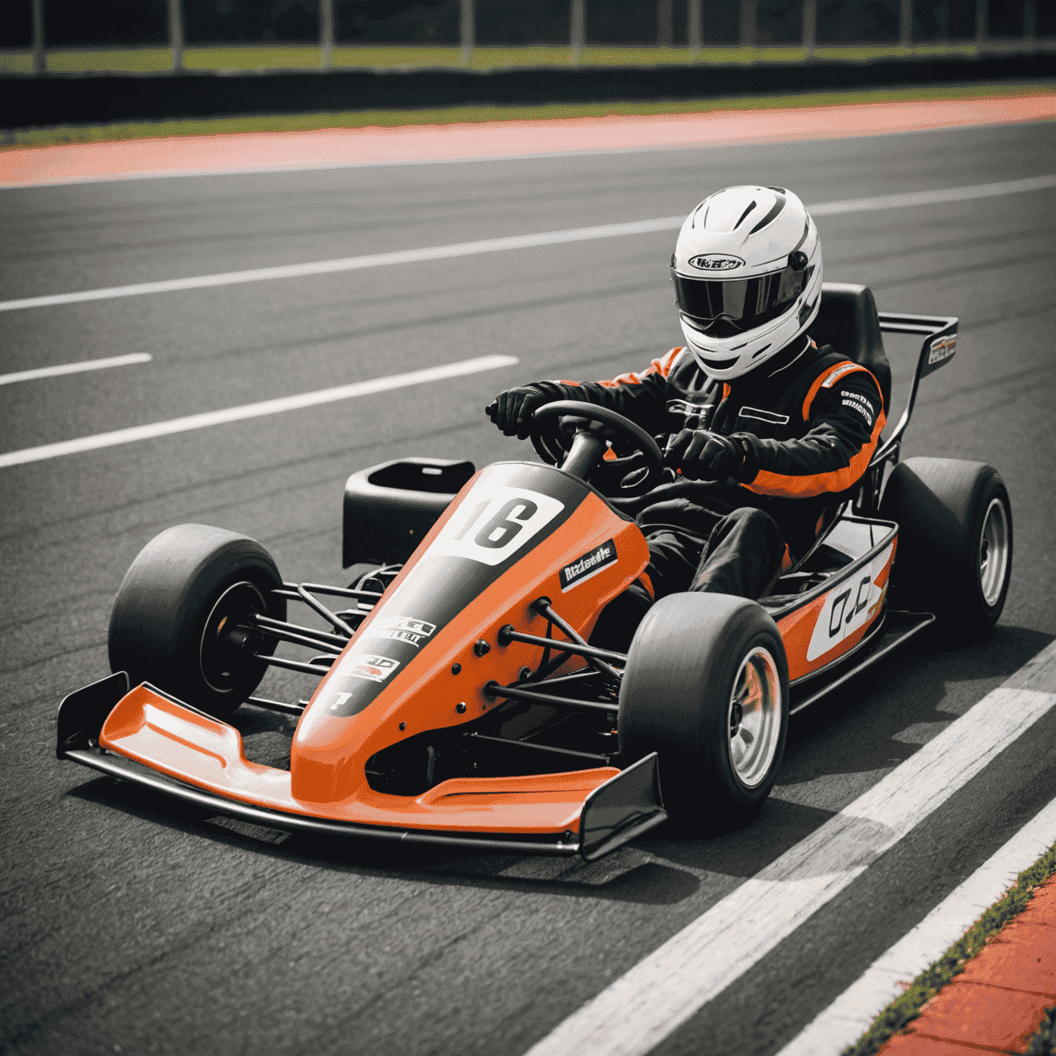 A go-kart on a racing track with safety equipment nearby, representing the essentials for beginners in karting