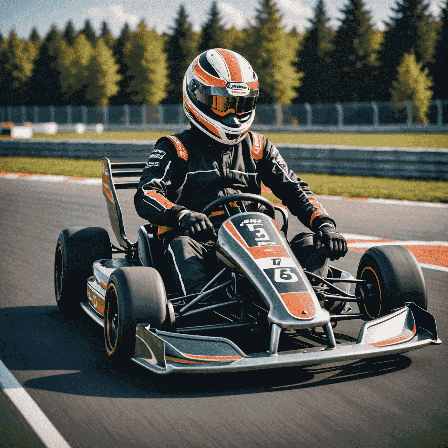 A go-kart racing on a professional karting track, with a driver in full safety gear demonstrating proper racing posture