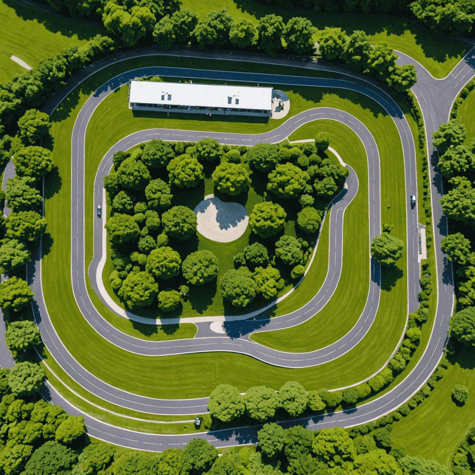 Aerial view of Goodwood Kartways outdoor track with multiple karts racing, surrounded by lush greenery