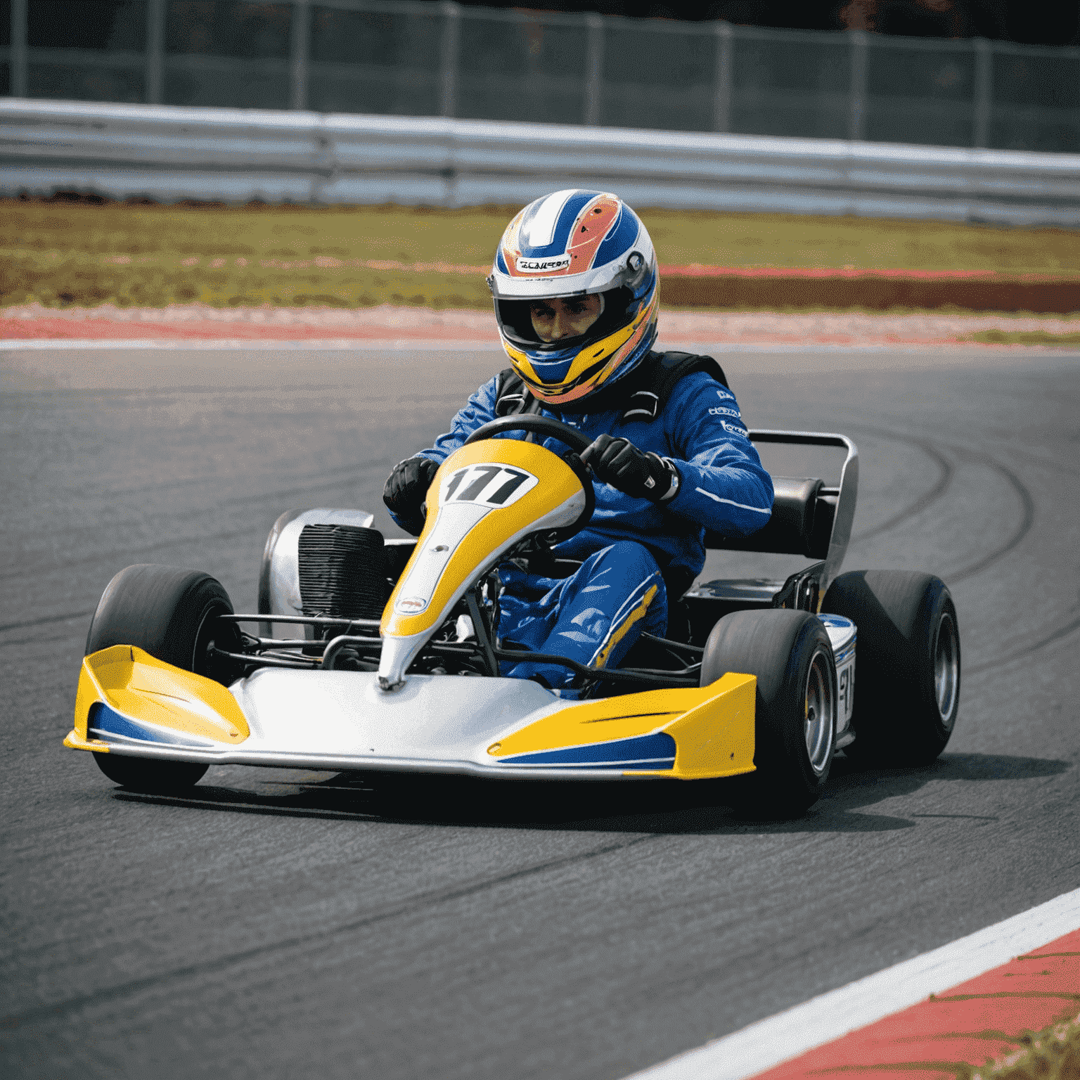 A kart driver demonstrating proper cornering technique on a karting track, leaning into the turn with hands firmly on the steering wheel