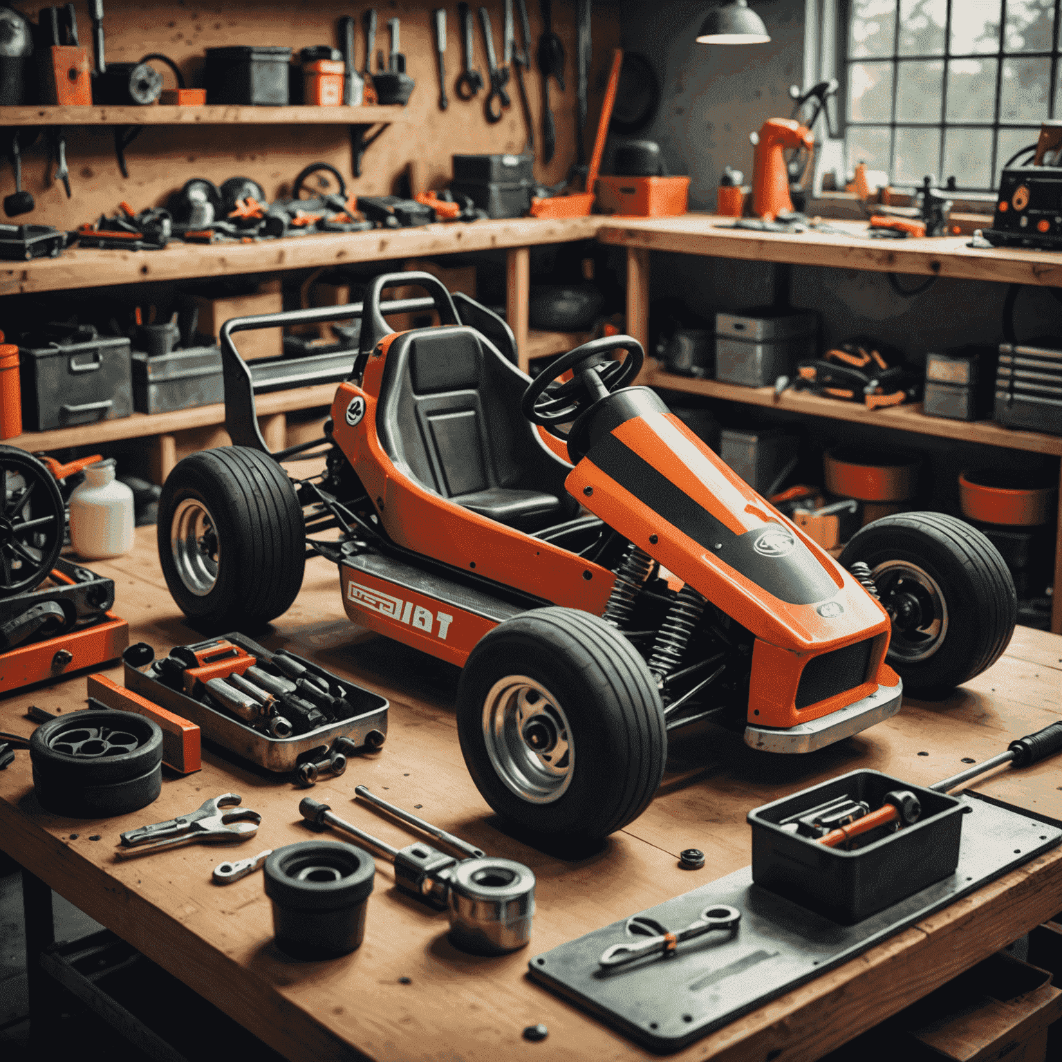 A well-maintained go-kart on a workbench with various tools and maintenance equipment surrounding it