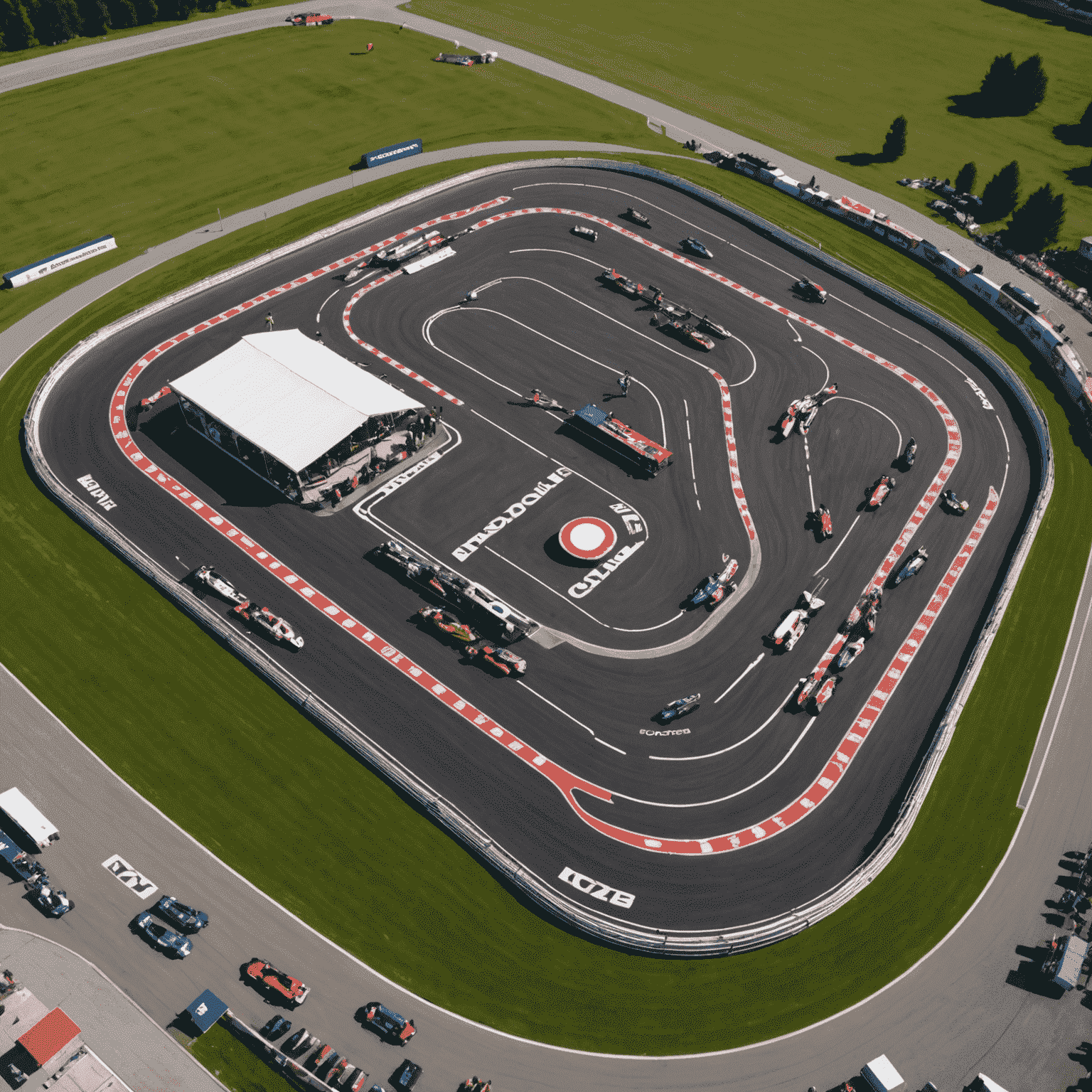 Aerial view of a professional karting track in Canada with multiple karts racing, surrounded by spectators and pit crews