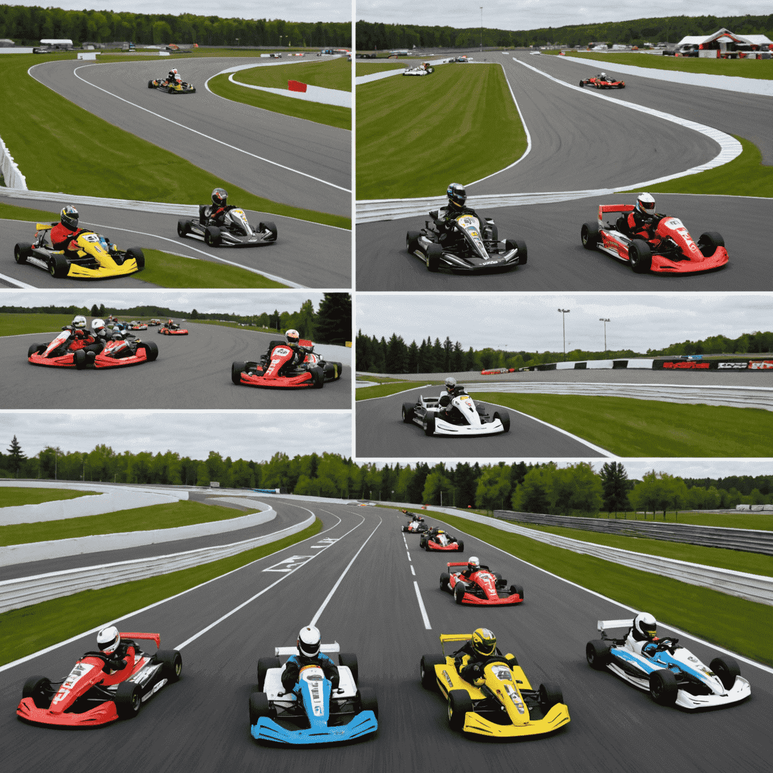 A collage of various karting tracks across Canada, showcasing both indoor and outdoor venues. The image highlights the diversity of tracks available for karting enthusiasts.