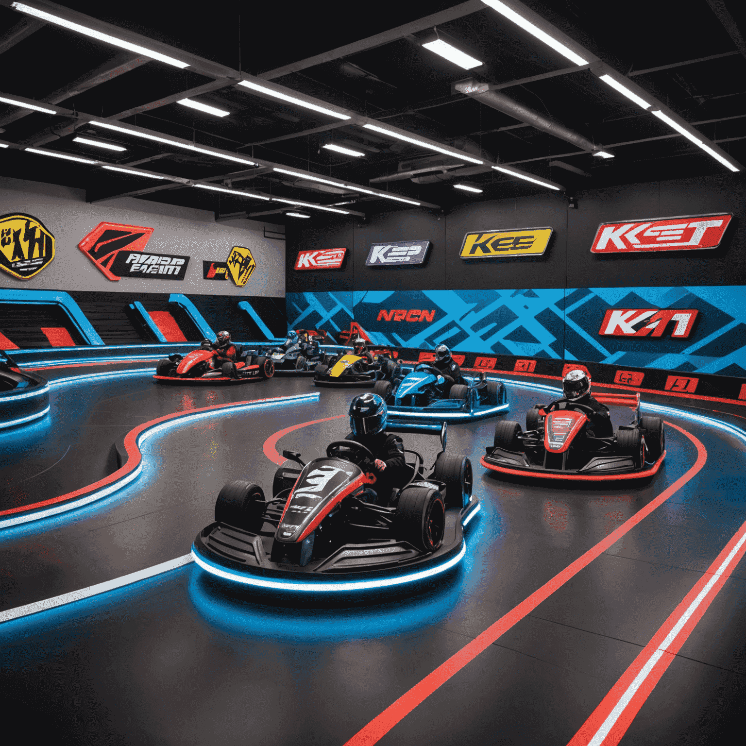 Indoor K1 Speed track with electric karts racing through hairpin turns, neon lighting, and safety barriers