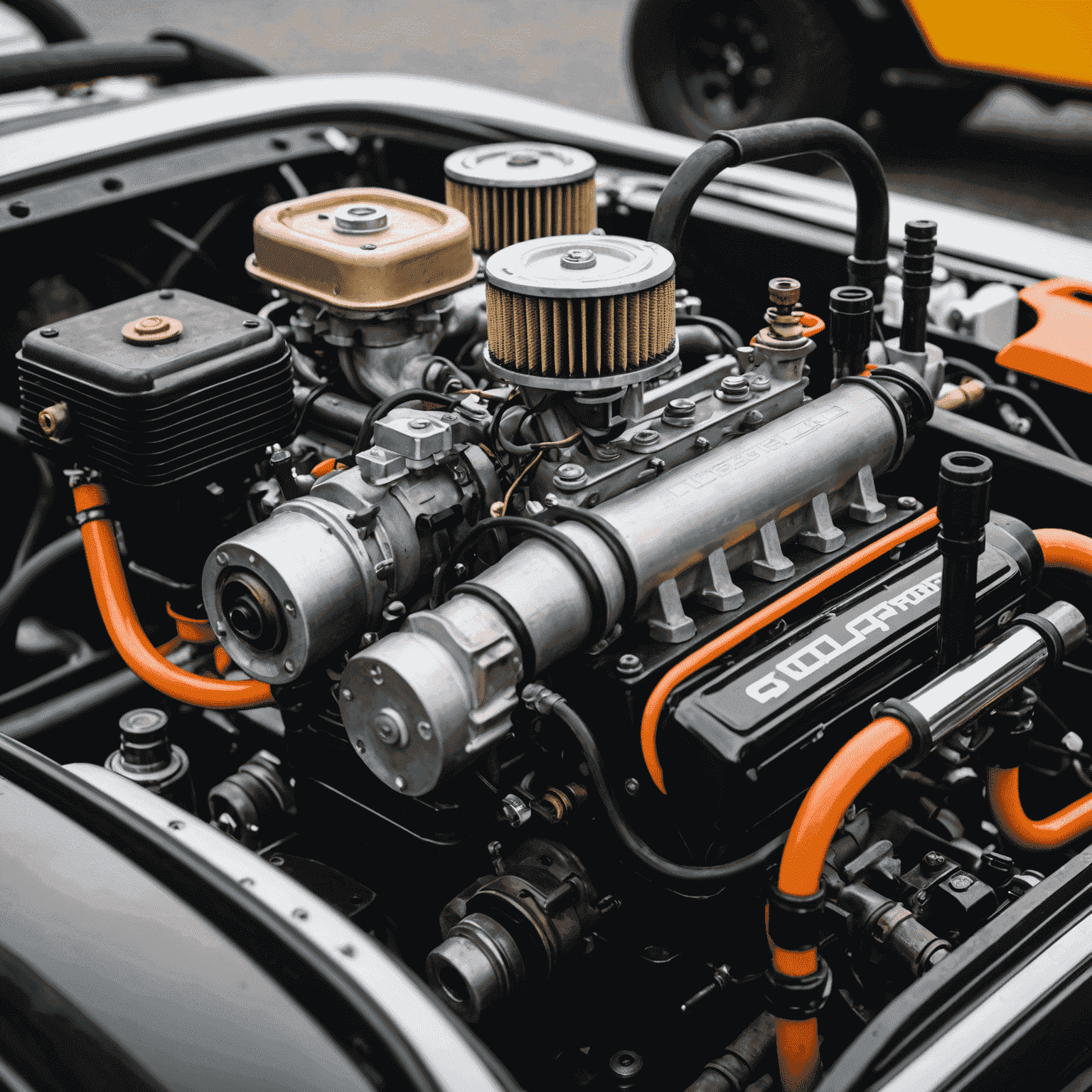 Close-up of a go-kart engine being serviced, with focus on the carburetor and air filter