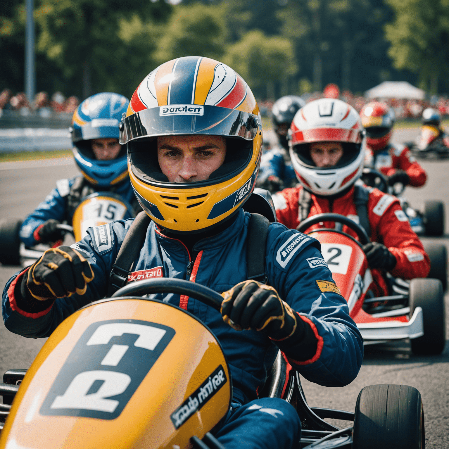 Close-up of kart drivers at the starting line of a race, focused and ready to compete