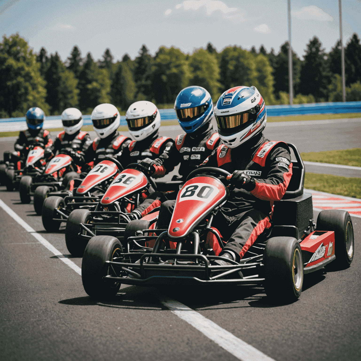 A group of go-karts lined up at the starting grid of a karting track, with drivers in position ready to start the race