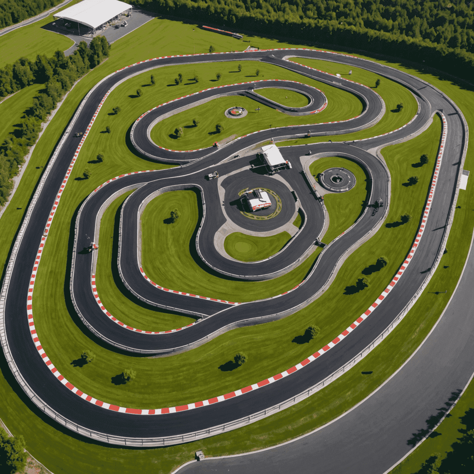 Expansive outdoor Circuit ICAR karting track with long straights and technical corners, karts in action