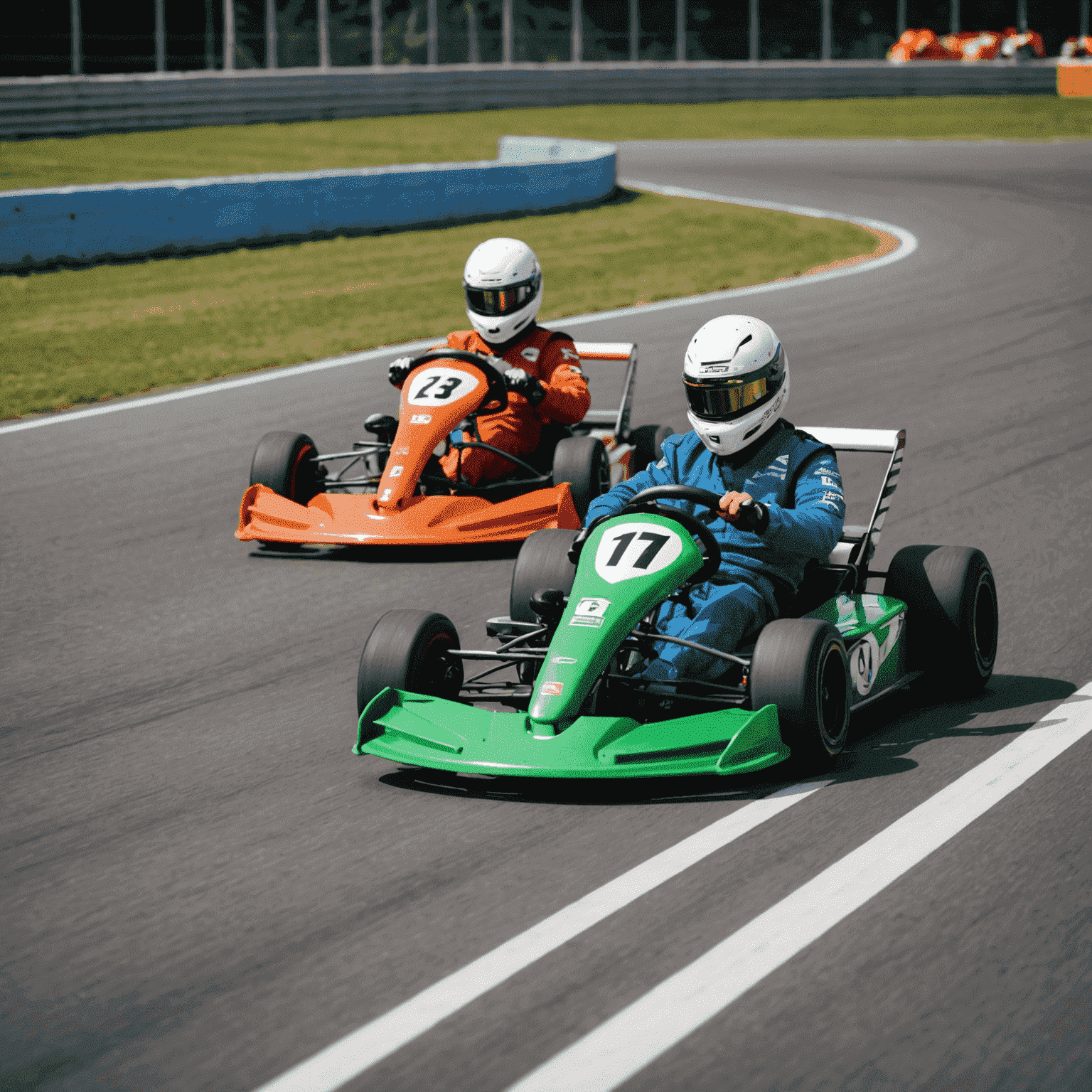 Two karts side-by-side on a straight section of the track, with one kart slightly ahead, demonstrating an overtaking maneuver