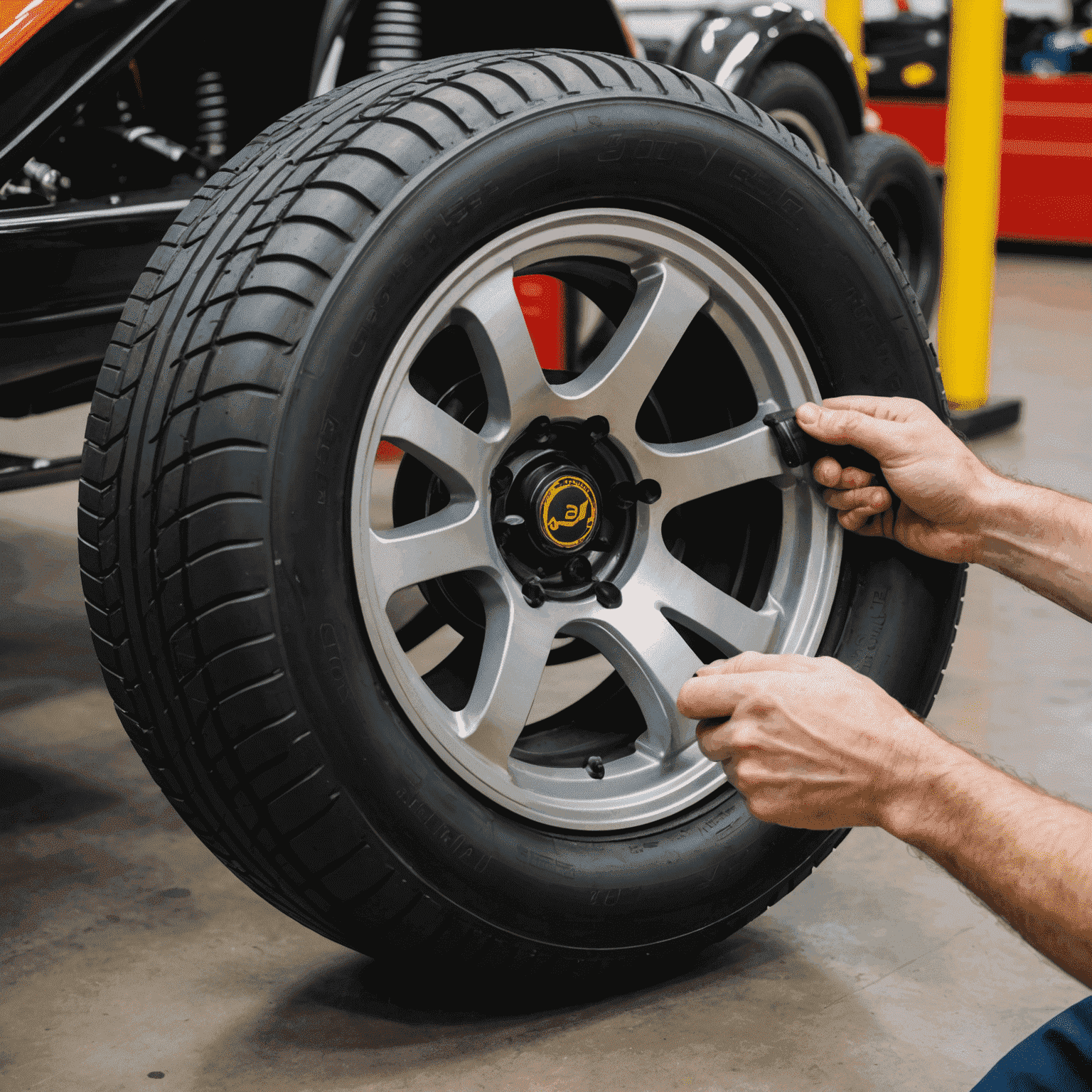 A set of go-kart tires being inspected and measured for wear and pressure