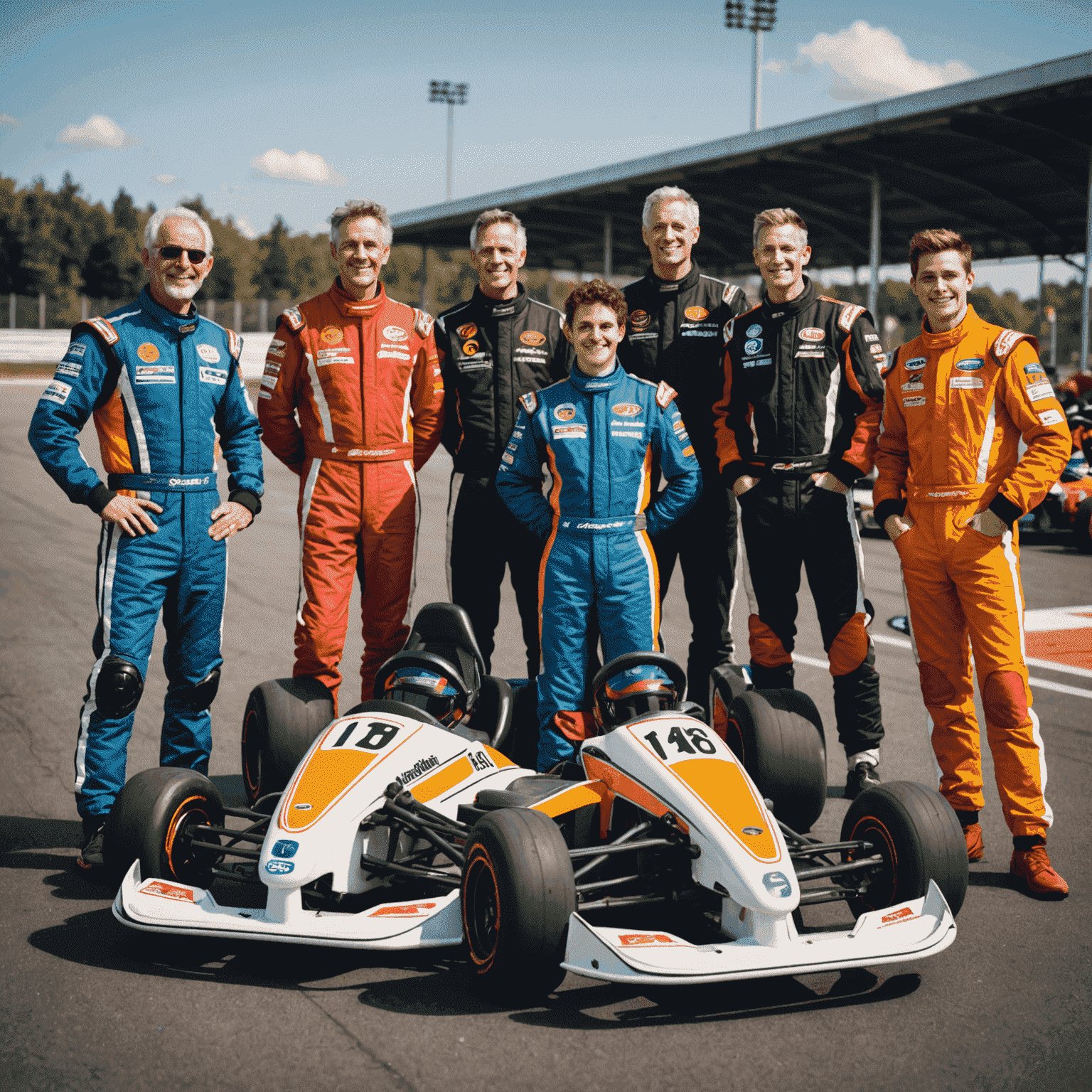 A group of diverse karting enthusiasts of various ages standing next to their karts, showcasing the inclusive nature of the sport