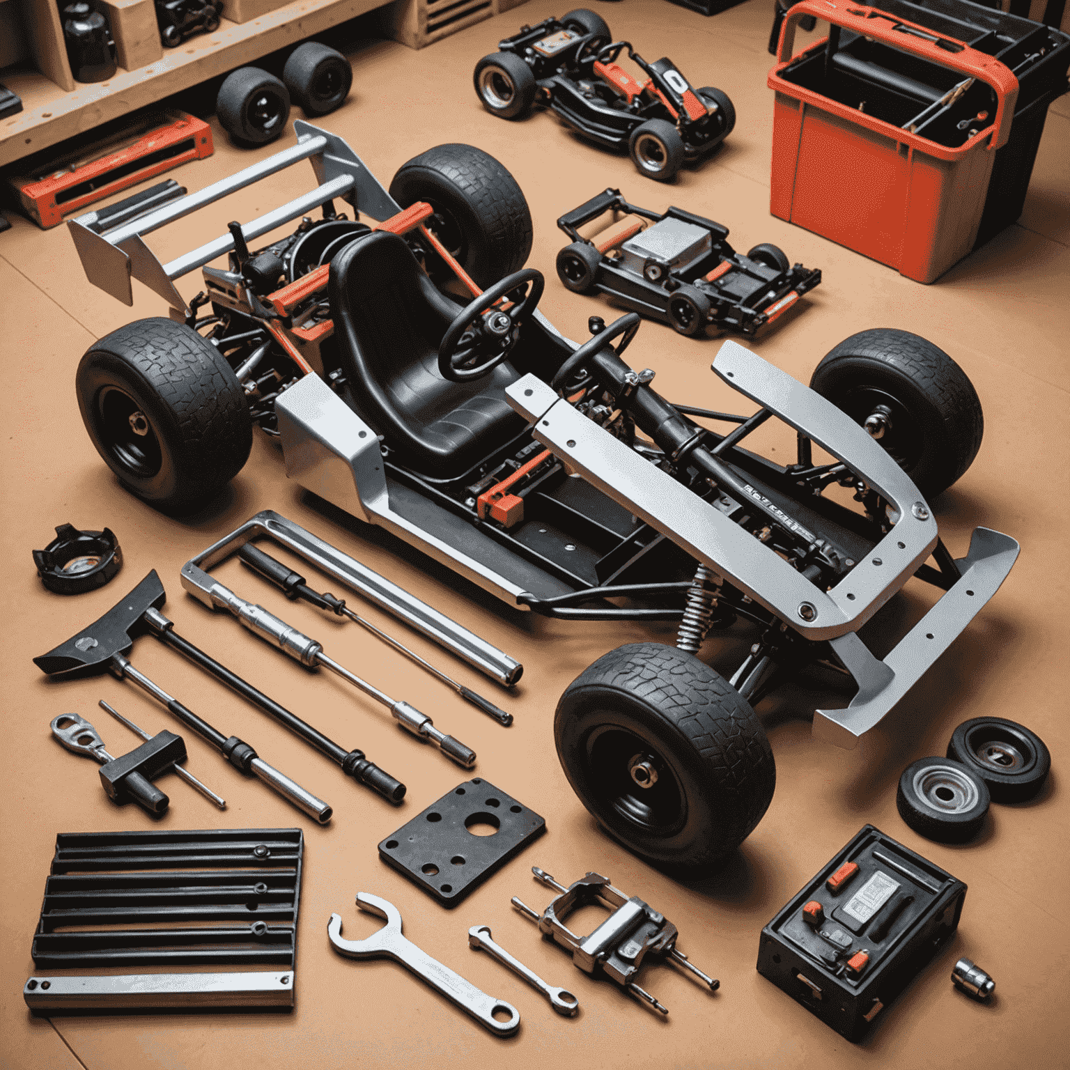 A go-kart being maintained, with tools and spare parts visible, demonstrating various aspects of kart maintenance