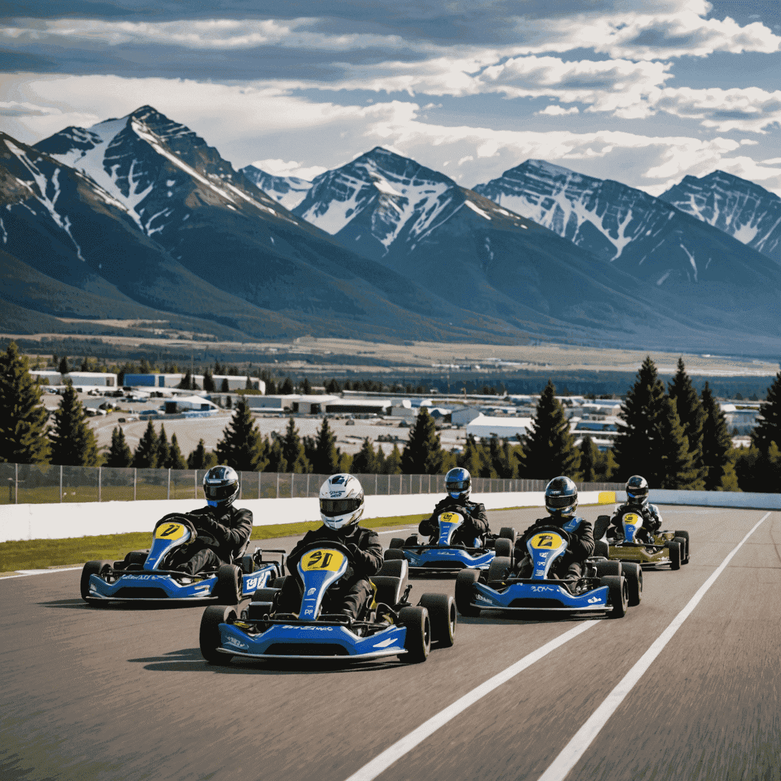 Calgary Kart Racing Club outdoor track with mountains in the background, multiple karts competing