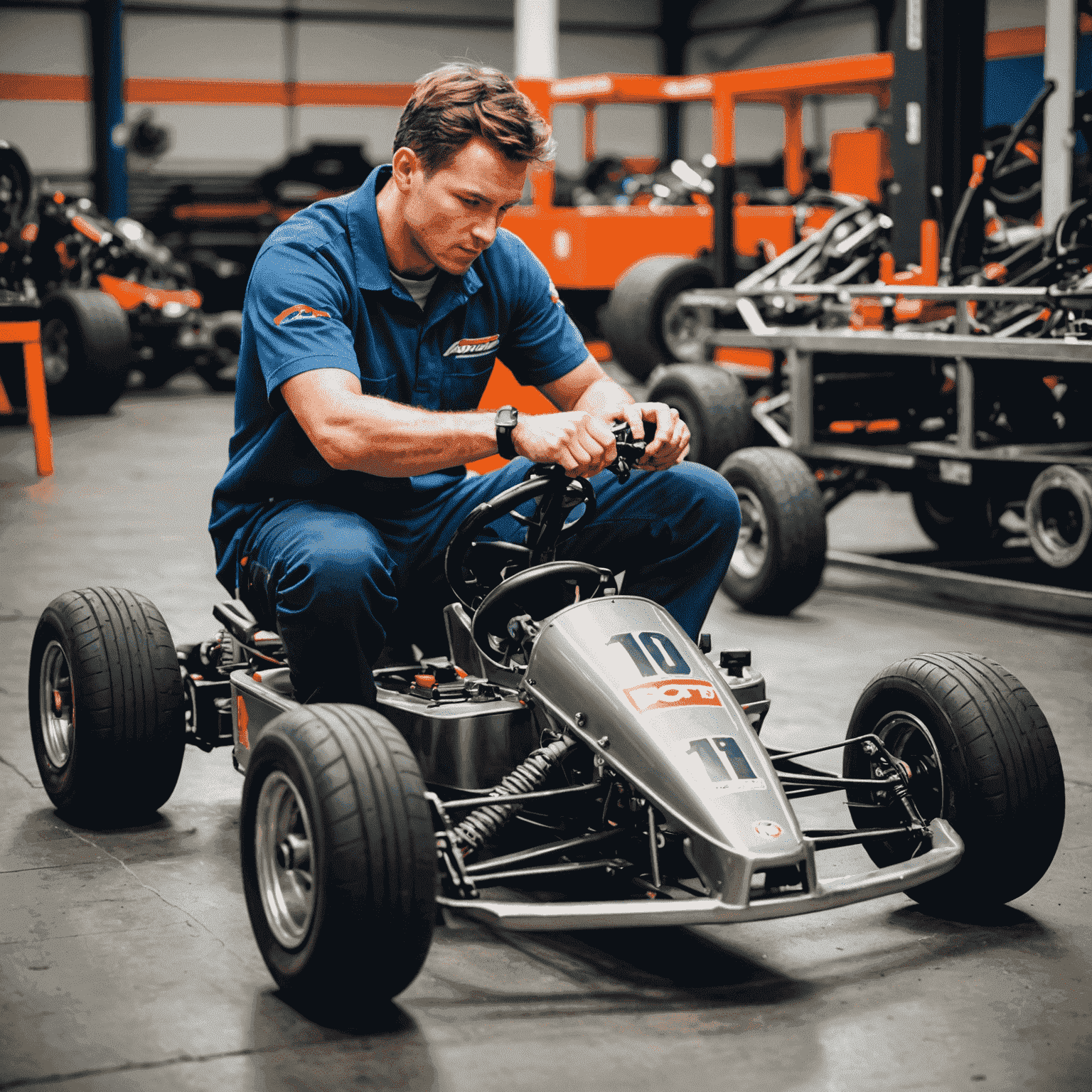 A mechanic adjusting the chassis of a go-kart, focusing on wheel alignment and bolt tightening