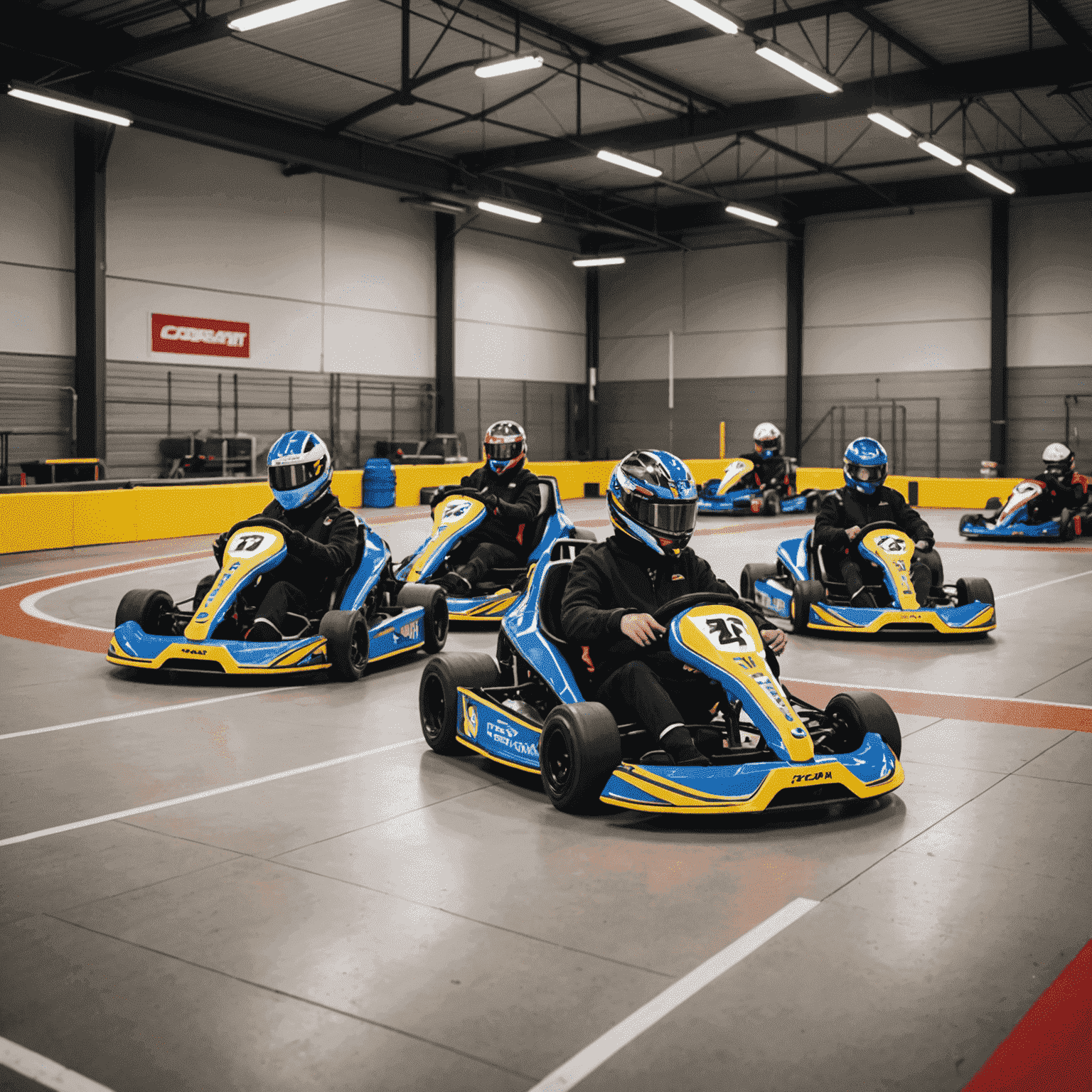 Formula Kartways indoor track with tight corners, safety barriers, and electric karts in action